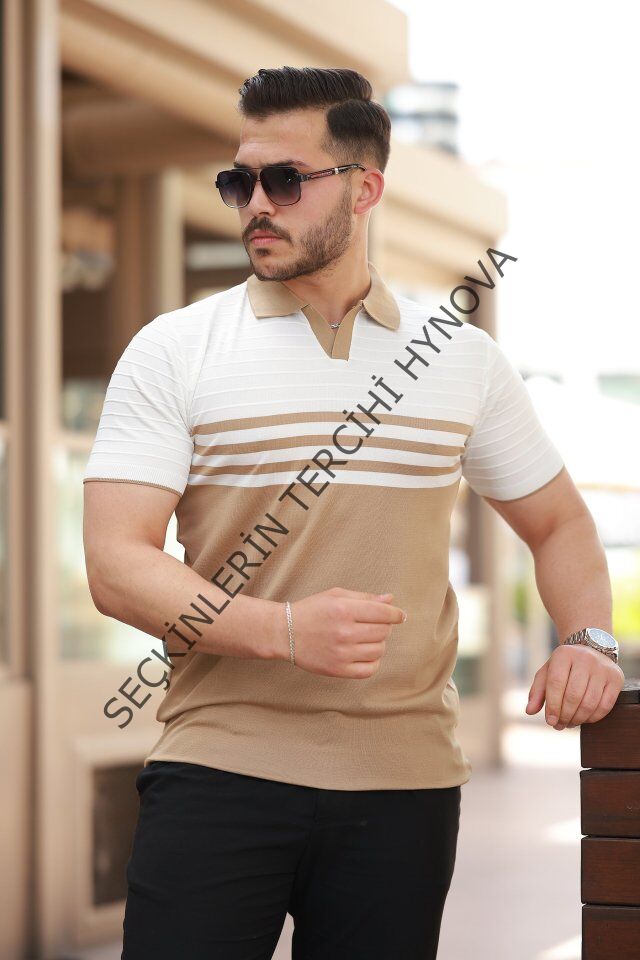 Erkek çizgi Desenli Yakalı Kısa Kollu T-shirt