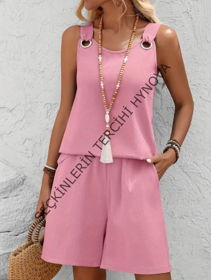 Kadın Askılı Yuvarlak Yaka Kuş Gözü Detaylı Bürümcük Bluz Ve Short Ikili Takım