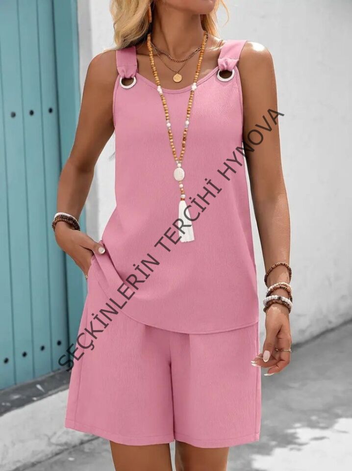 Kadın Askılı Yuvarlak Yaka Kuş Gözü Detaylı Bürümcük Bluz Ve Short Ikili Takım