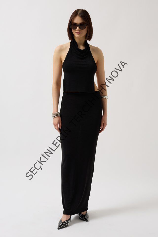 Parlak Kumaş Maxi Etek