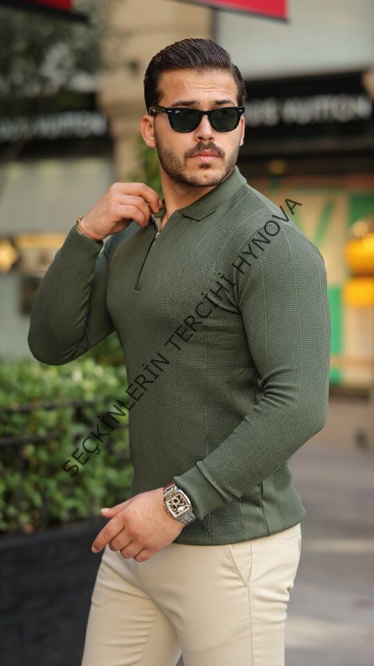 Erkek Pirinç Desenli Uzun Kollu Yakalı Triko