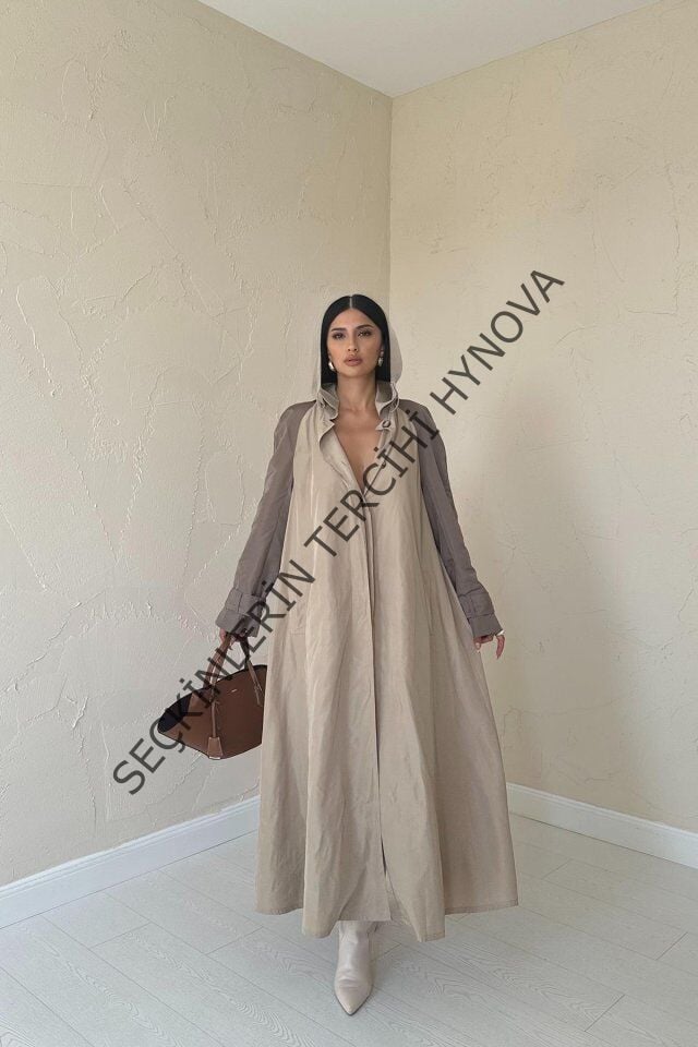 Taba Kapüşonlu Uzun Trençkot