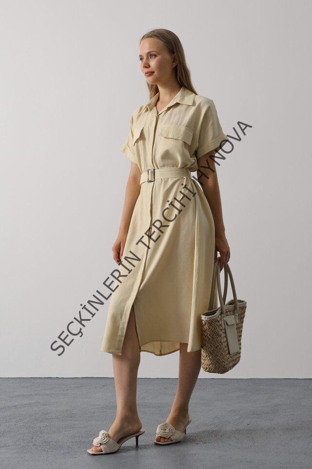 Kuşaklı Cep Detaylı Yarım Kol Elbise - Ekru