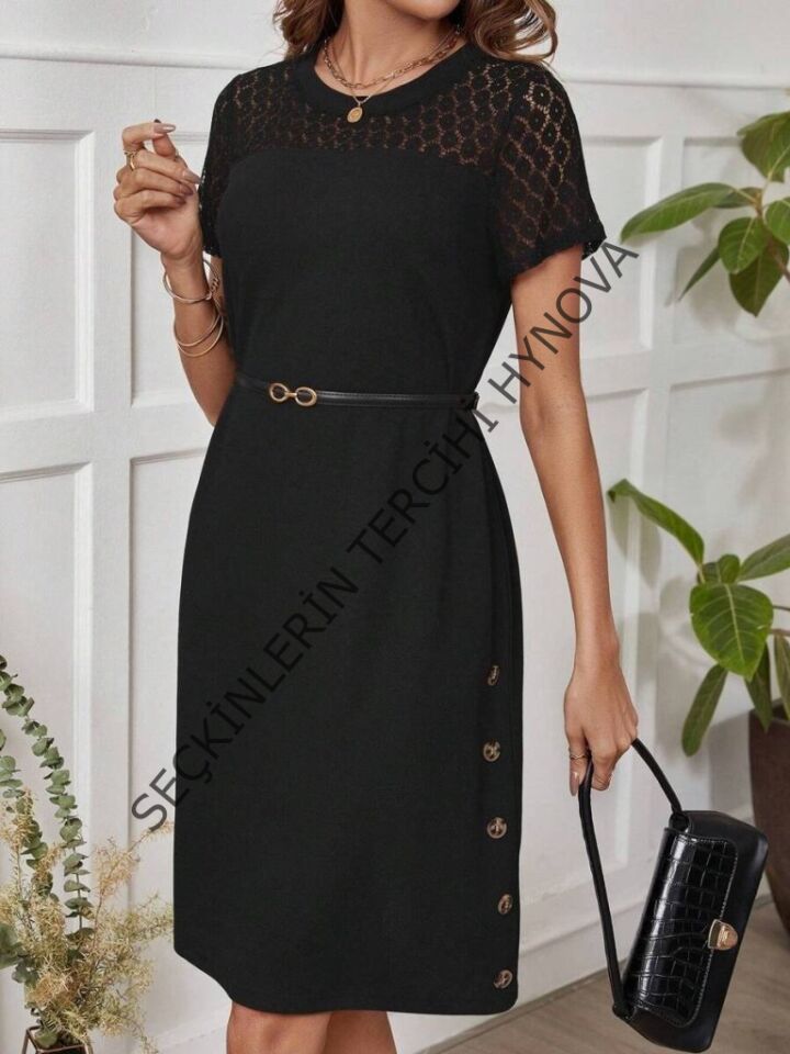 Kadın Kısa Kollu Bisiklet Yaka Dantel Detaylı Düğmeli Modal Elbise