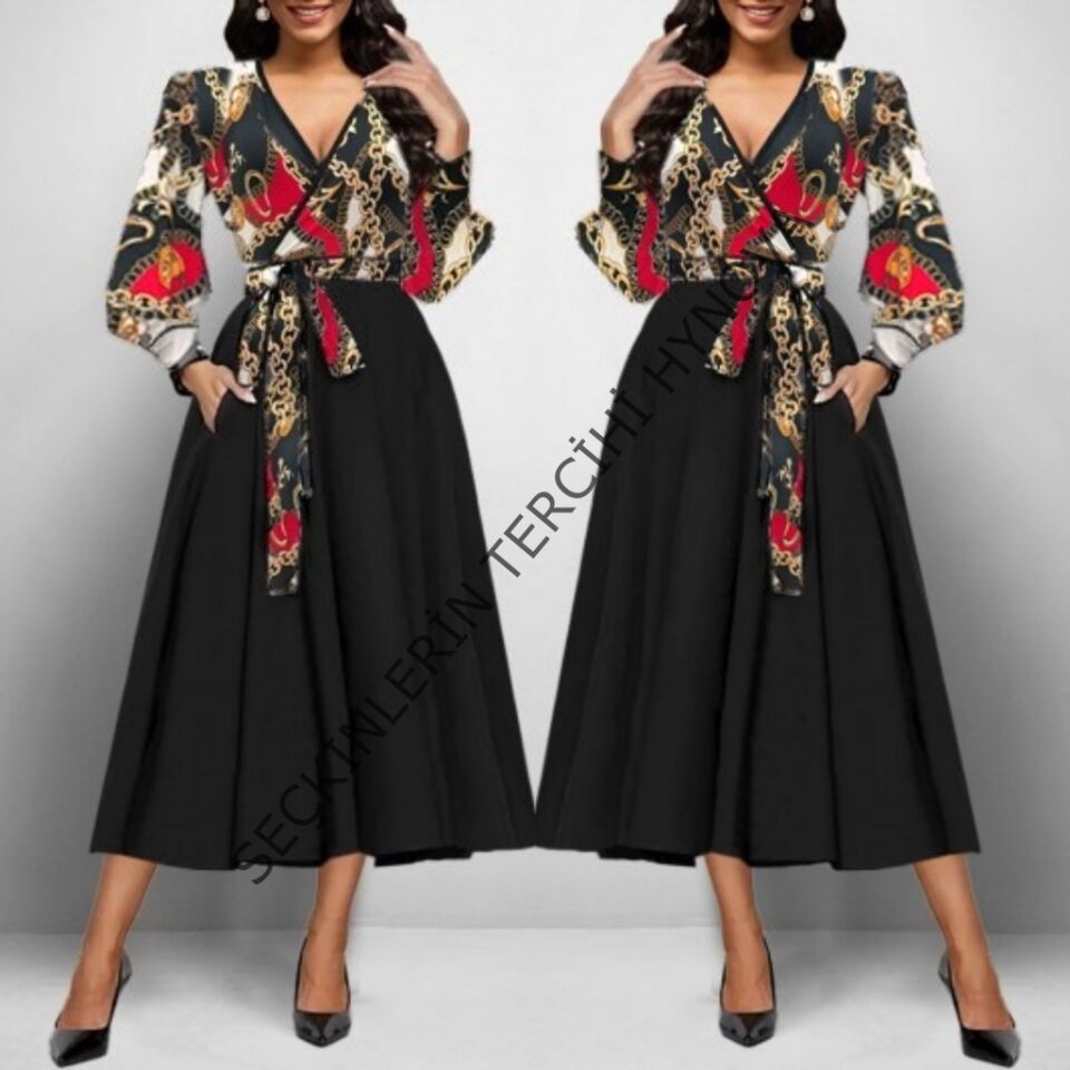 Kadın Uzun Kollu Kruvaze Yaka Dalgıç Krep Midi Boy Elbise