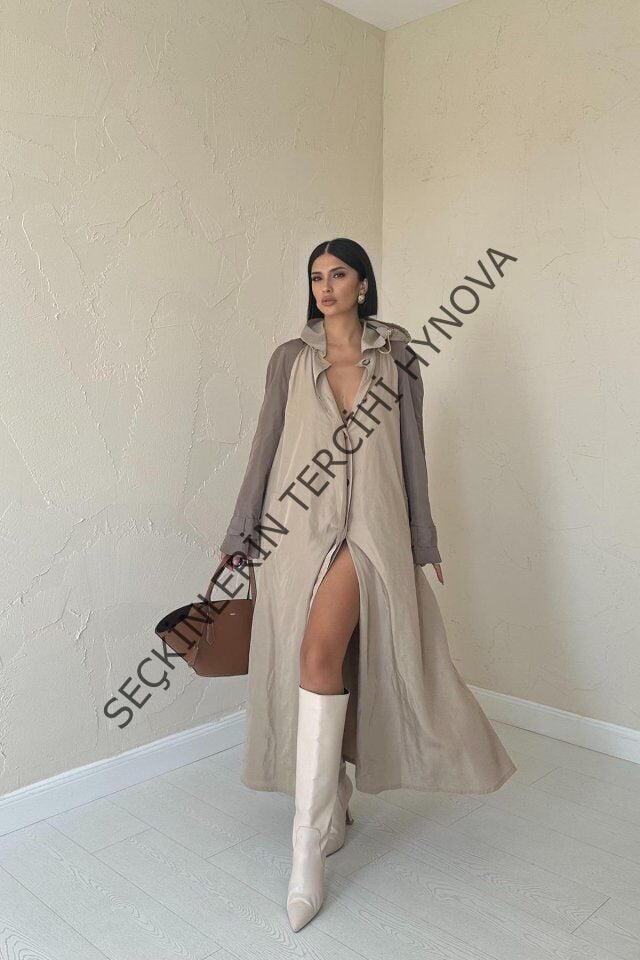 Taba Kapüşonlu Uzun Trençkot