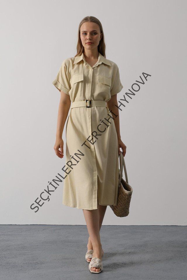 Kuşaklı Cep Detaylı Yarım Kol Elbise - Ekru