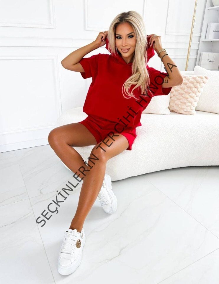 Kadın Iki Iplik Kumaş Alt şort üst Kapüşonlu Ikili Takım