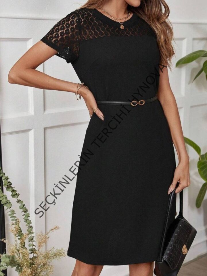 Kadın Kısa Kollu Bisiklet Yaka Dantel Detaylı Düğmeli Modal Elbise