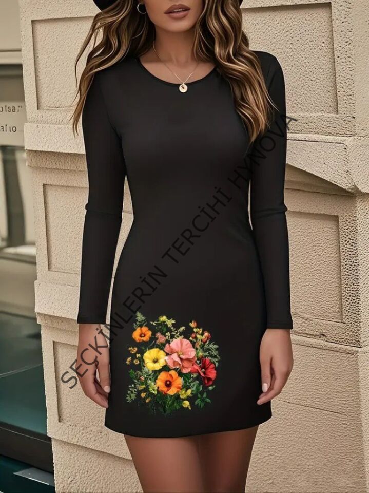 Kadın Uzun Kollu Bisiklet Yaka çiçek Desenli Mini Dalgıç Elbise