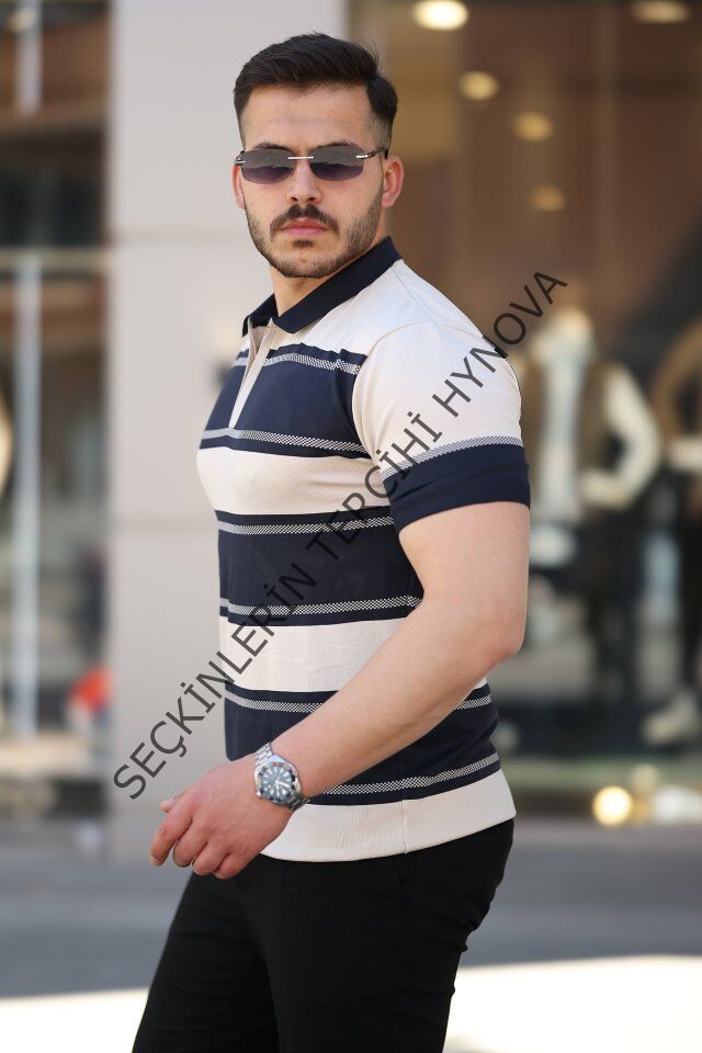 Erkek Yakalı Fermuarlı çift Renk Kısa Kollu T-shirt