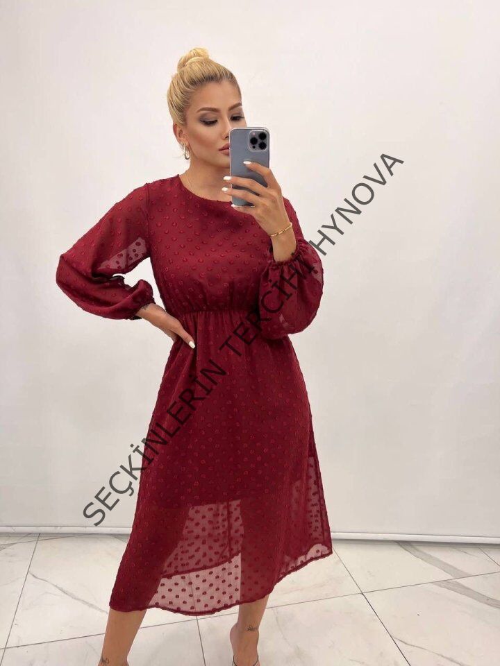 Kadın Uzun Kollu Astar Detay Fırsat ürün Ponpon şifon Elbise