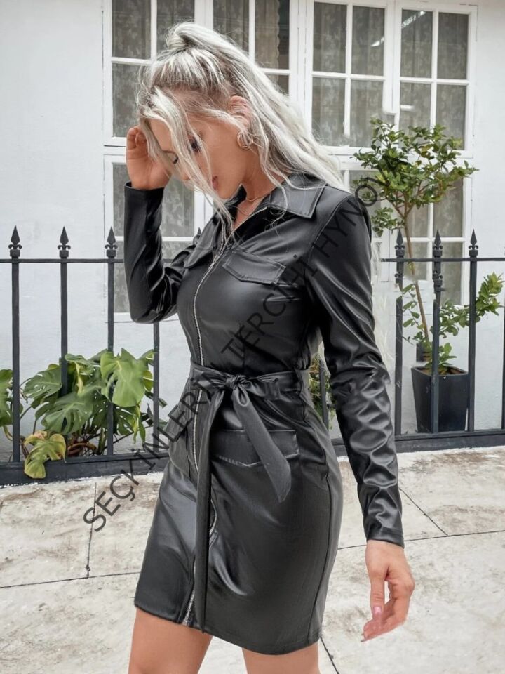 Kadın Uzun Kollu Yakalı Cepli önü Fermuarlı Mini Deri Elbise