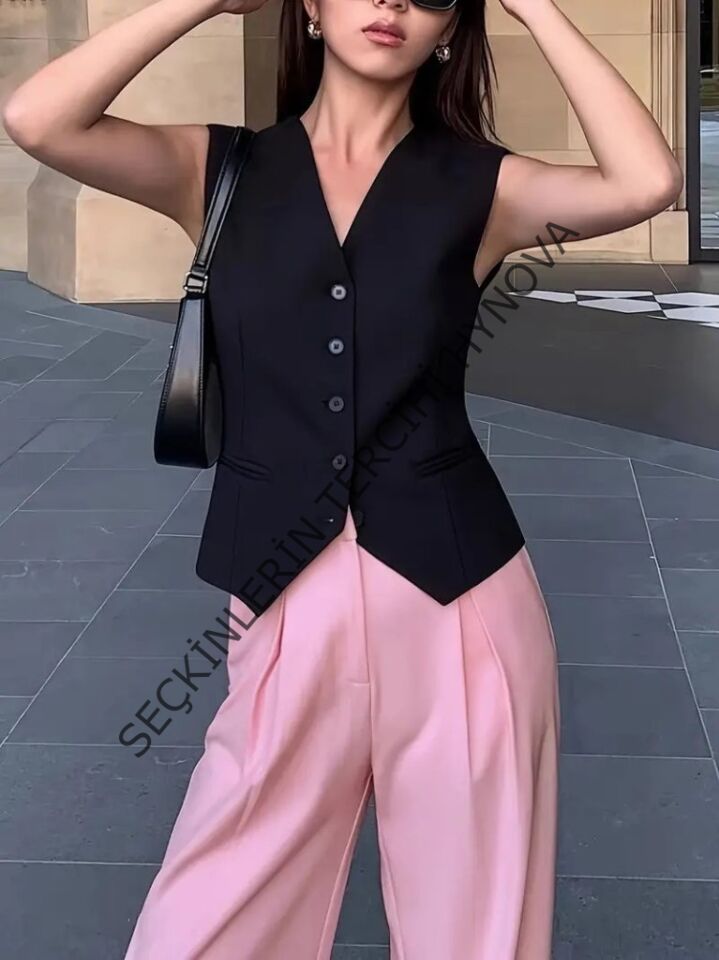 Kadın Sıfır Kollu önden Düğmeli Atlas Yelek