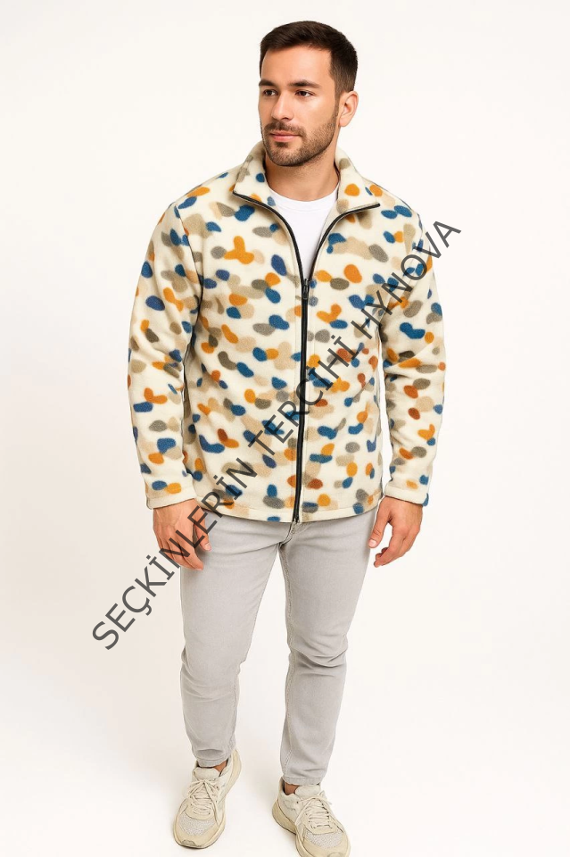Erkek Tam Fermuarlı Desenli Polar Sweat – Siyah Multicolor Figür Desen Yakalı, Uzun Kollu, Oversize Rahat Kalıp- Beyaz