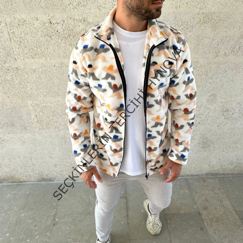 Erkek Tam Fermuarlı Desenli Polar Sweat – Siyah Multicolor Figür Desen Yakalı, Uzun Kollu, Oversize Rahat Kalıp- Beyaz