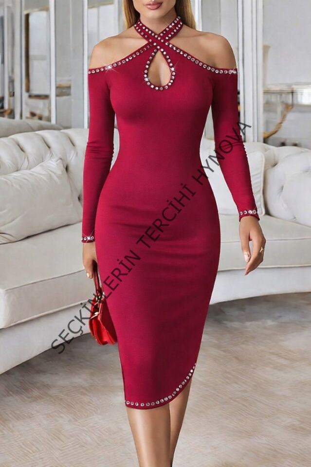 Kadın Omuzlardan Açık Boyundan Geçmeli Damla Detaylı Taşlı Midi Dalgıç Elbise