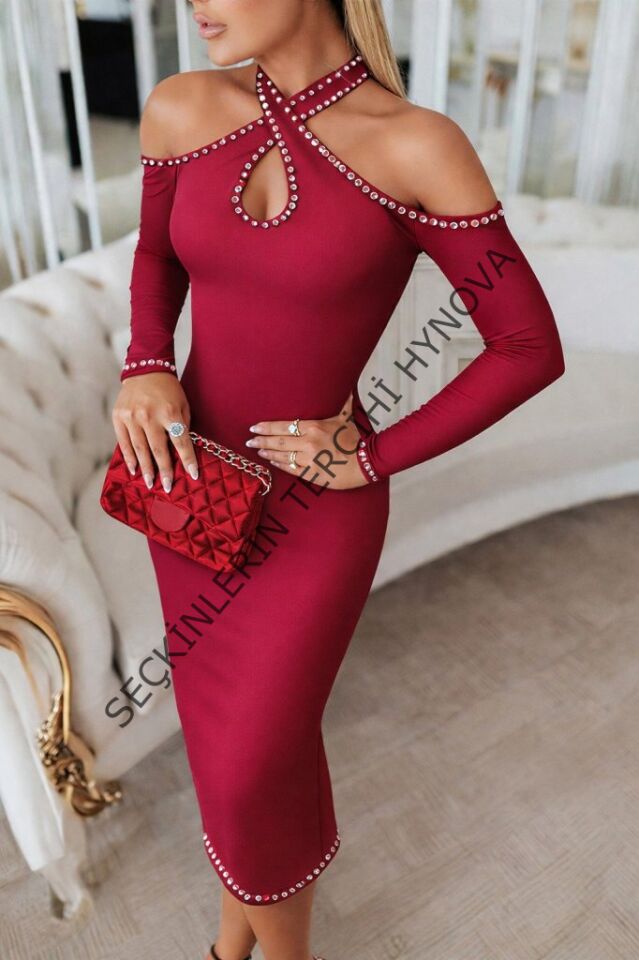 Kadın Omuzlardan Açık Boyundan Geçmeli Damla Detaylı Taşlı Midi Dalgıç Elbise