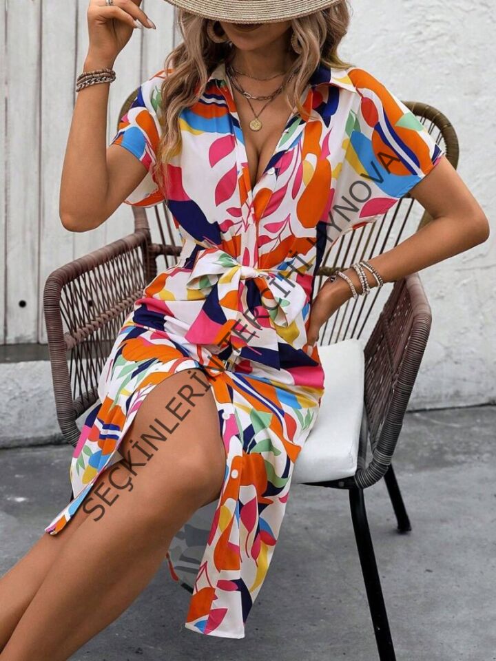 Kadın Kısa Kollu Yakalı önü Düğmeli önden Drapeli Desenli Süprem Elbise