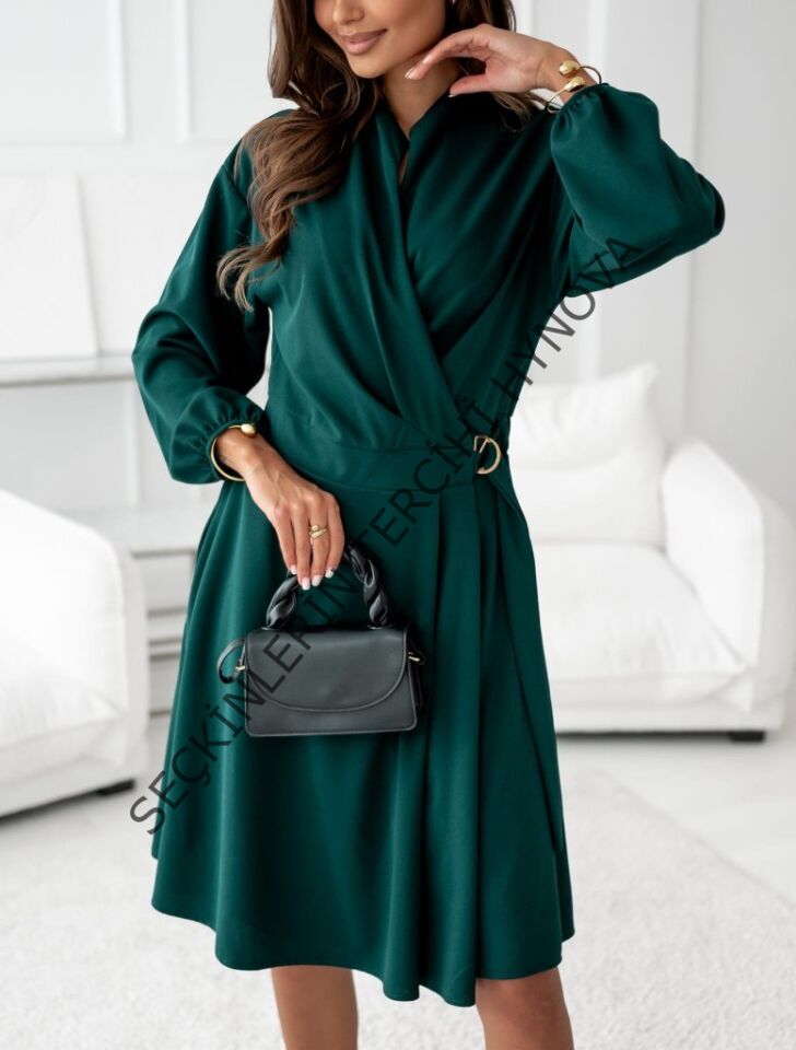 Kadın Uzun Kollu Hakim V Yakalı Yandan Toka Detaylı Ithal Mini Krep Elbise