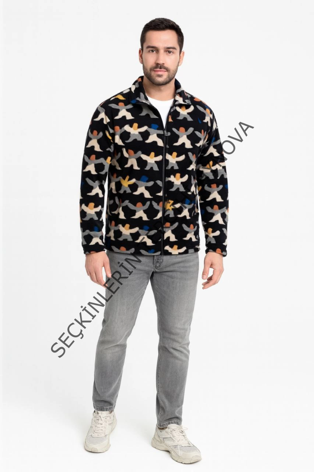 Erkek Tam Fermuarlı Desenli Polar Sweat – Siyah Multicolor Figür Desen Yakalı, Uzun Kollu, Oversize Rahat Kalıp- Siyah