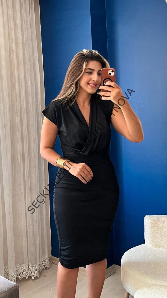 Kadın Kısa Kollu Kruvaze Yaka Krep Elbise (Kemersiz)