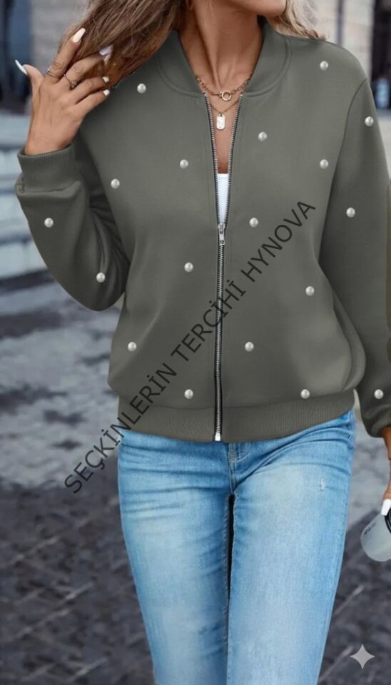 Kadın Uzun Kollu önden Fermuarlı Incili Kısa Modal Ceket