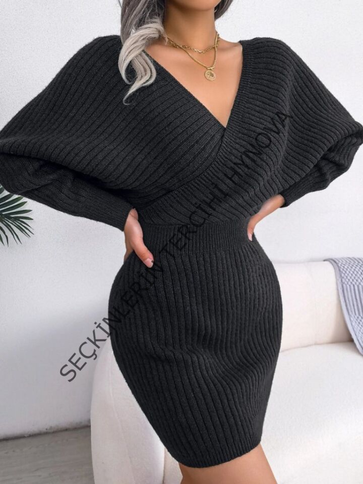 Kadın Uzun Kollu Kruvaze Geniş Yakalı Mini Triko Elbise