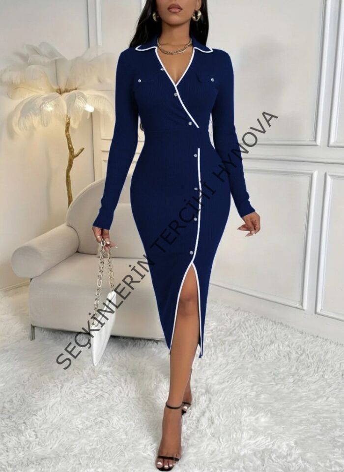 Kadın Uzun Kollu Yakalı Cepli Düğmeli Yırtmaç Detaylı Modal Uzun Elbise