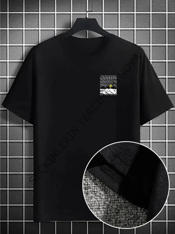 Erkek Dağ Grafikli Tişört, Yaz Için Büyük Beden Rahat T-shirt - Siyah