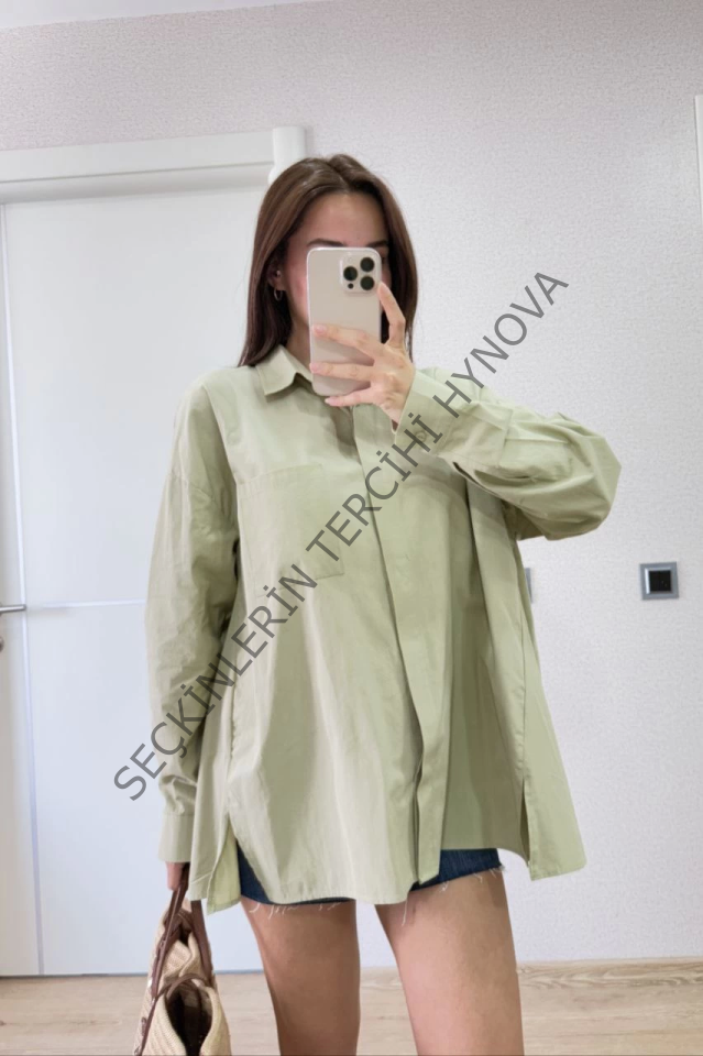 Yakalı Yandan Yırtmaçlı Gömlek - Yeşil