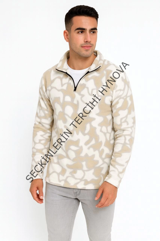 Erkek Yarım Fermuarlı Desenli Polar Sweat Yakalı, Uzun Kollu, Oversize Rahat Kalıp - Bej