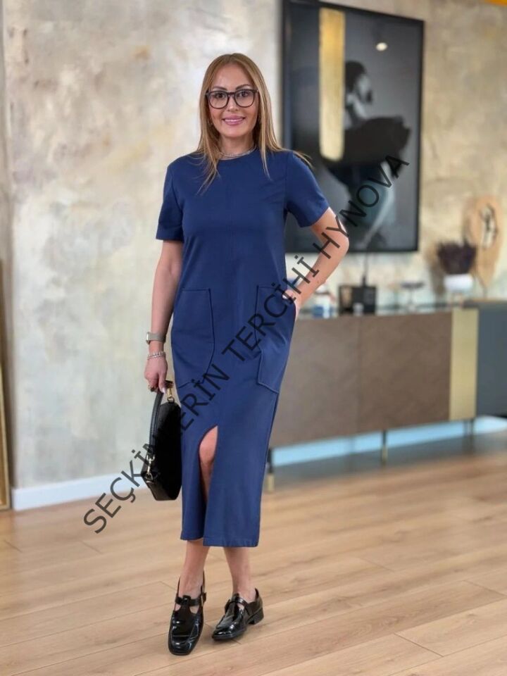 Kadın Kısa Kollu Bisiklet Yakalı Cepli önden Yırtmaçlı Viskon Iki Iplik Midi Elbise