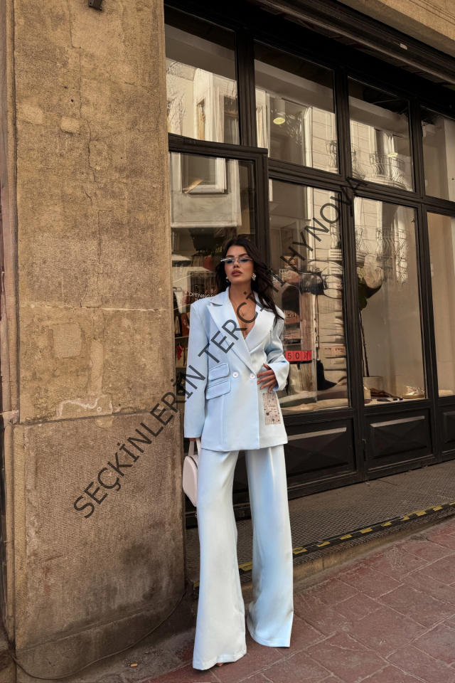 TASARIM ETİKET DETAYLI CEKET - PANTOLON TAKIM - Bebe Mavi