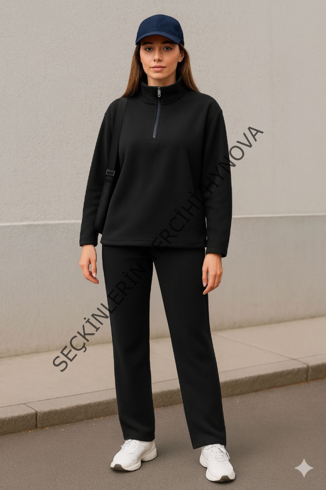 Kadın Balıkçı Yaka Fermuar Detay Polar Sweat Ve Pantolon Ikili Takım