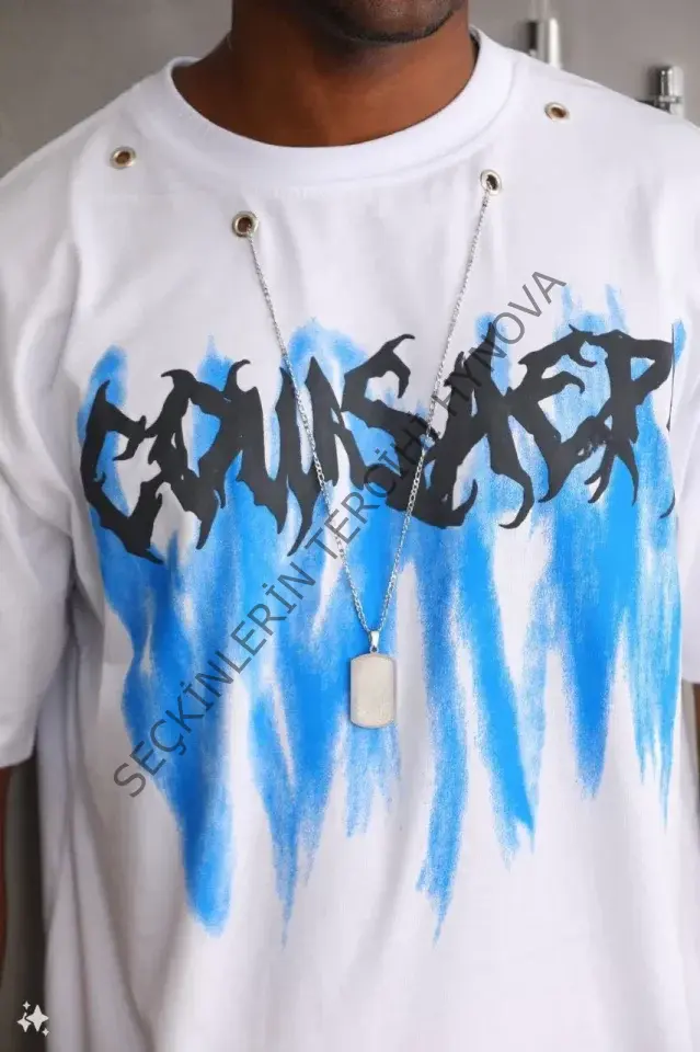 Unisex Oversize Kolye Dahil T-Shirt - Beyaz