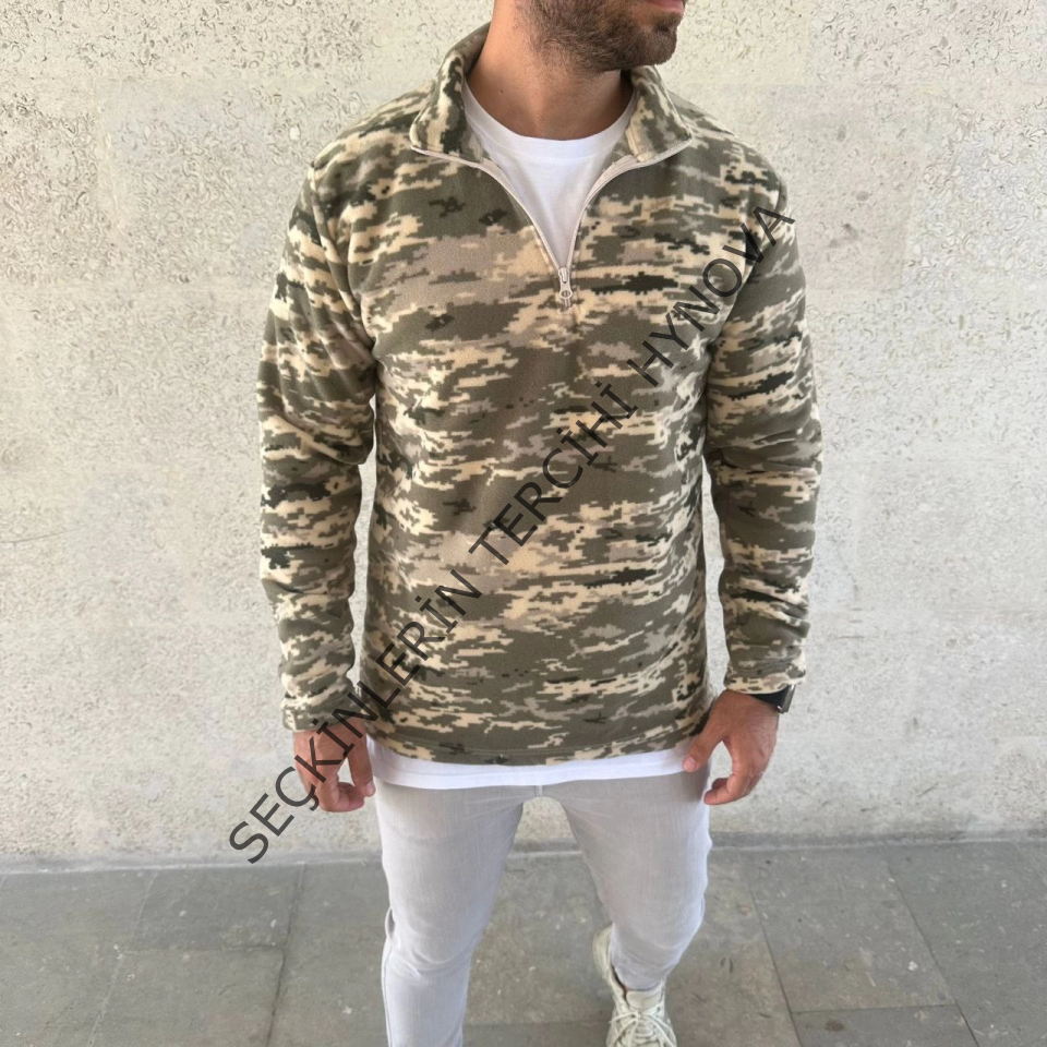 Erkek Yarım Fermuarlı Desenli Polar Sweat – Haki Kamuflaj Yakalı, Uzun Kollu, Oversize Rahat Kalıp - Haki