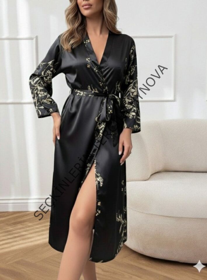 Kadın Uzun Kollu V Yakalı çiçek Baskılı Belden Kuşaklı Midi Saten Gecelik