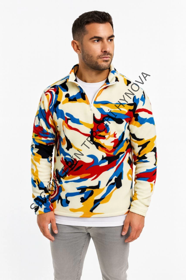 Erkek Yarım Fermuarlı Desenli Polar Sweat – Renkli Abstract Desen Yakalı, Uzun Kollu, Oversize Rahat Kalıp,- Beyaz