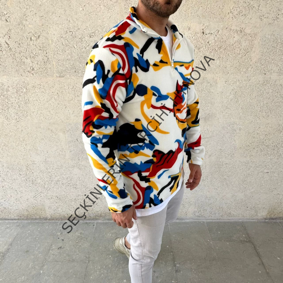 Erkek Yarım Fermuarlı Desenli Polar Sweat – Renkli Abstract Desen Yakalı, Uzun Kollu, Oversize Rahat Kalıp,- Beyaz