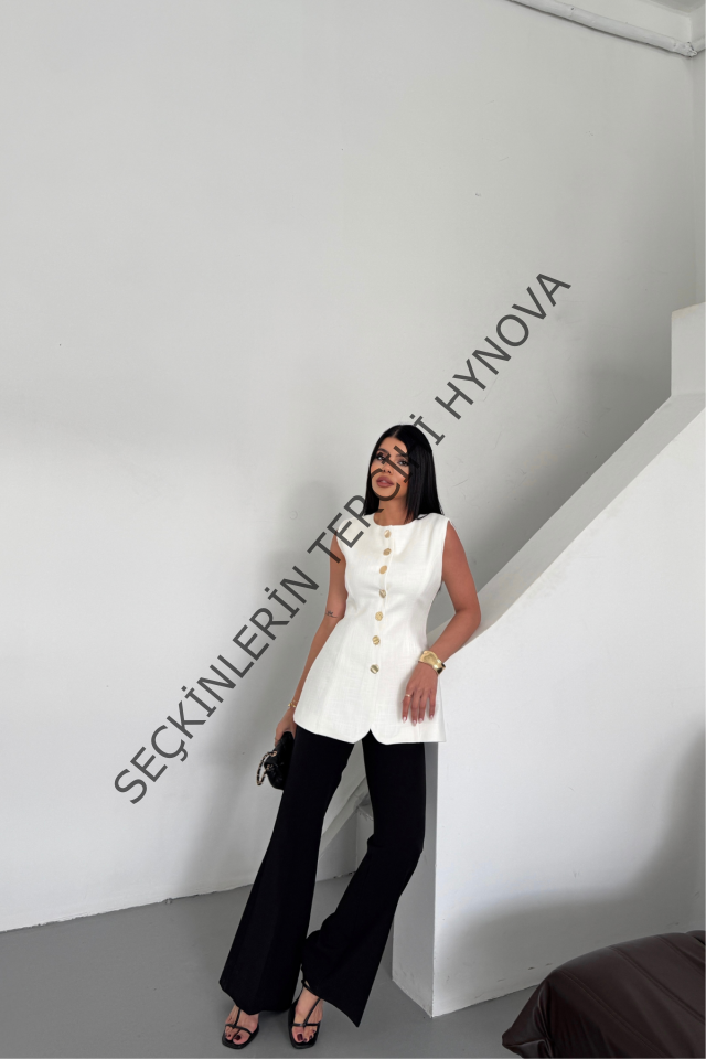 KETEN YELEK BELDEN OTURTMALISIRALI DÜĞME DETAYLI - Beyaz