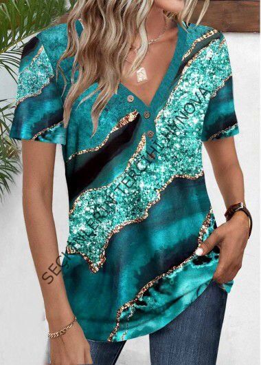 Kadın Kısa Kollu V Yakalı önden Düğmeli Baskılı Süprem Bluz