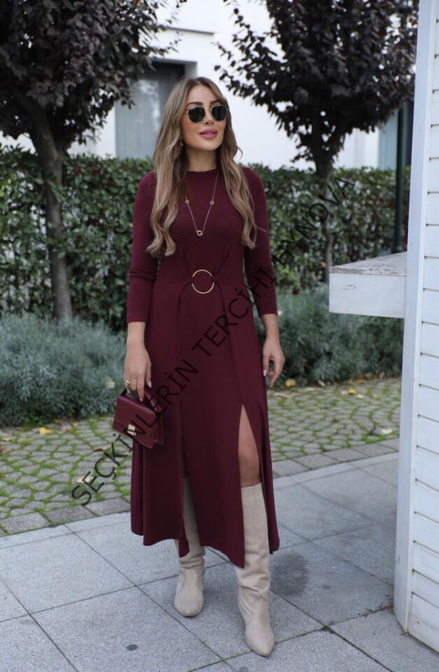 Kadın Uzun Kollu Bisiklet Yaka önden Halka Detaylı Yırtmaçlı Uzun Viskon Iki Iplik Elbise