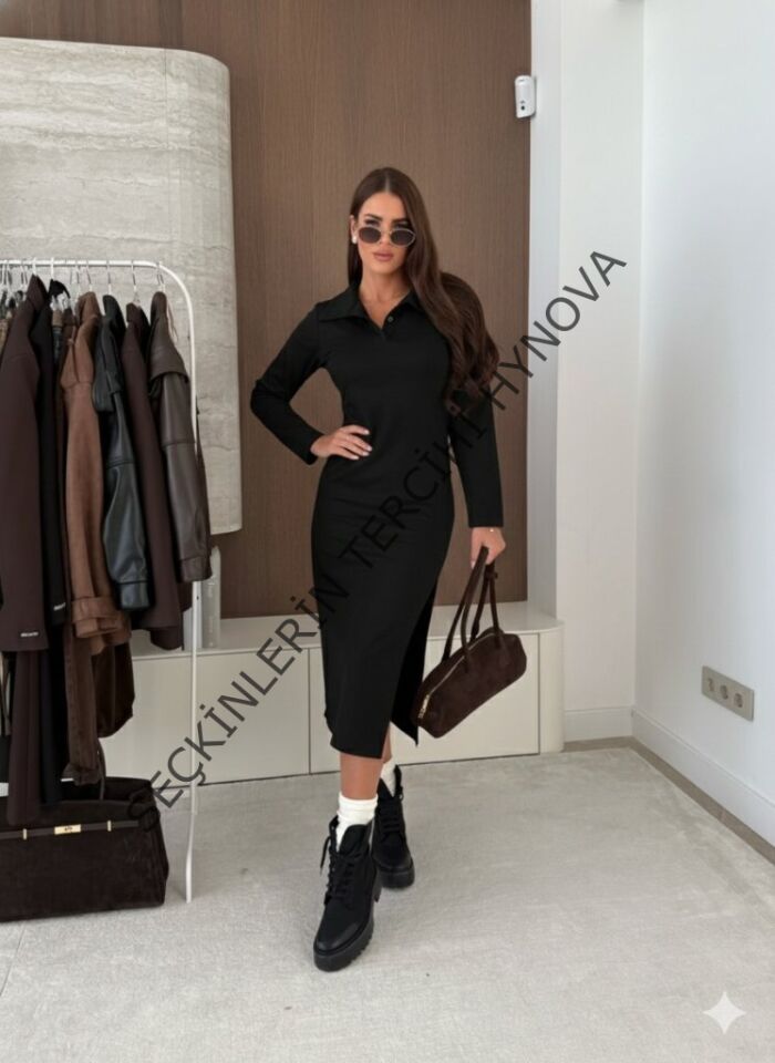 Kadın Uzun Kollu Yakalı Yandan Yırtmaçlı Midi Modal Elbise