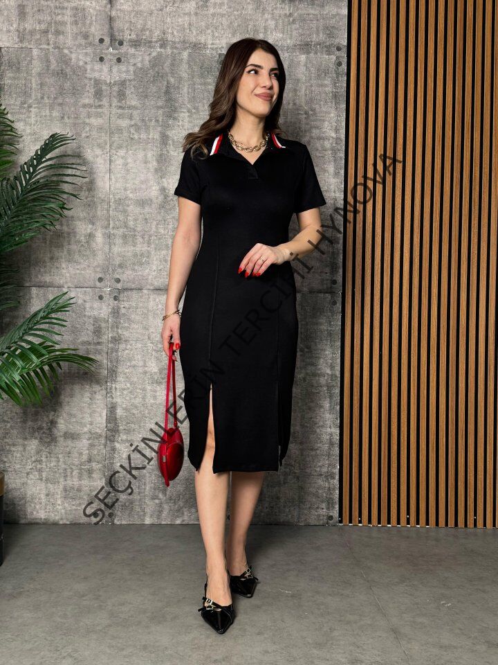 Kadın Yaka Ribanalı Çift Yırtmaçlı Elbise