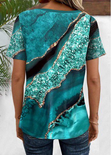 Kadın Kısa Kollu V Yakalı önden Düğmeli Baskılı Süprem Bluz