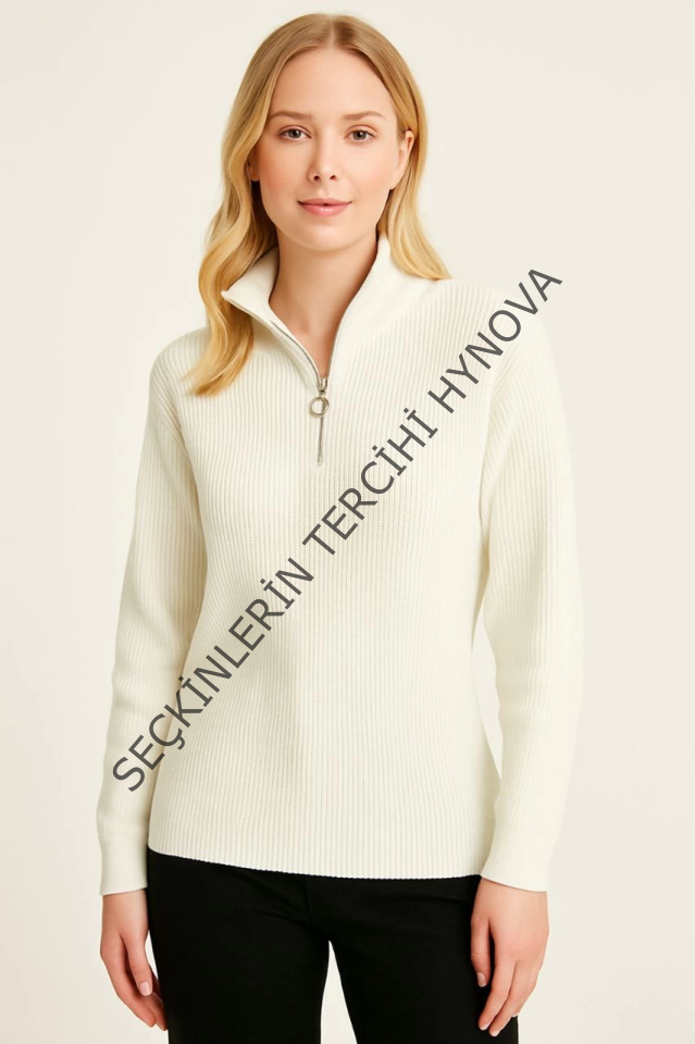 KADIN Yarım Fermuarlı Triko Kazak – Selanik Örgü, Dik Yaka, Pamuklu Dokuma, Oversize Uzun Kollu Kışlık Model - Beyaz