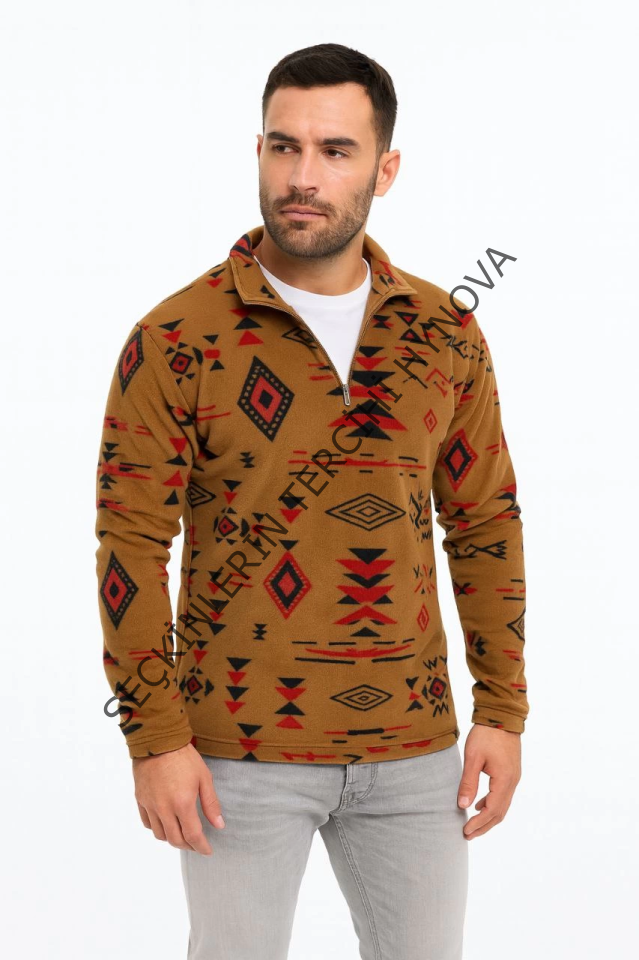 Erkek Yarım Fermuarlı Desenli Polar Sweat Tribal Etnik Desen Yakalı, Uzun Kollu, Oversize Rahat Kalıp, - Kahverengi