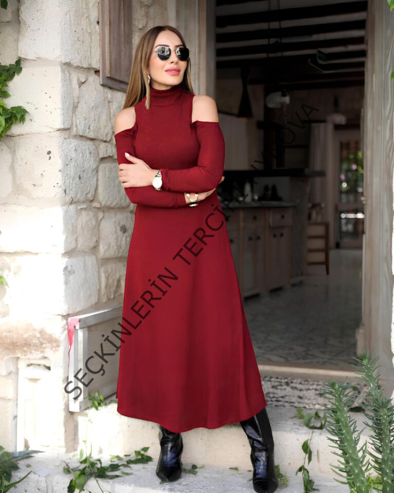 Kadın Balıkçı Yaka Omuzlardan Açık Uzun Kollu Janjan Krep Elbise