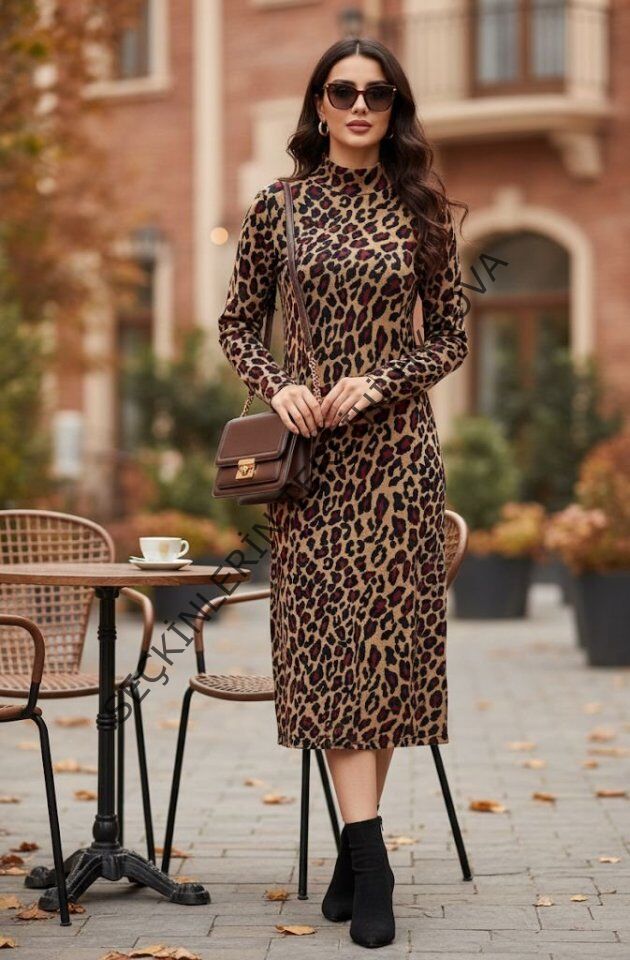 Kadın Uzun Kollu Balıkçı Yaka Leopar Desenli Midi Boy Elbise